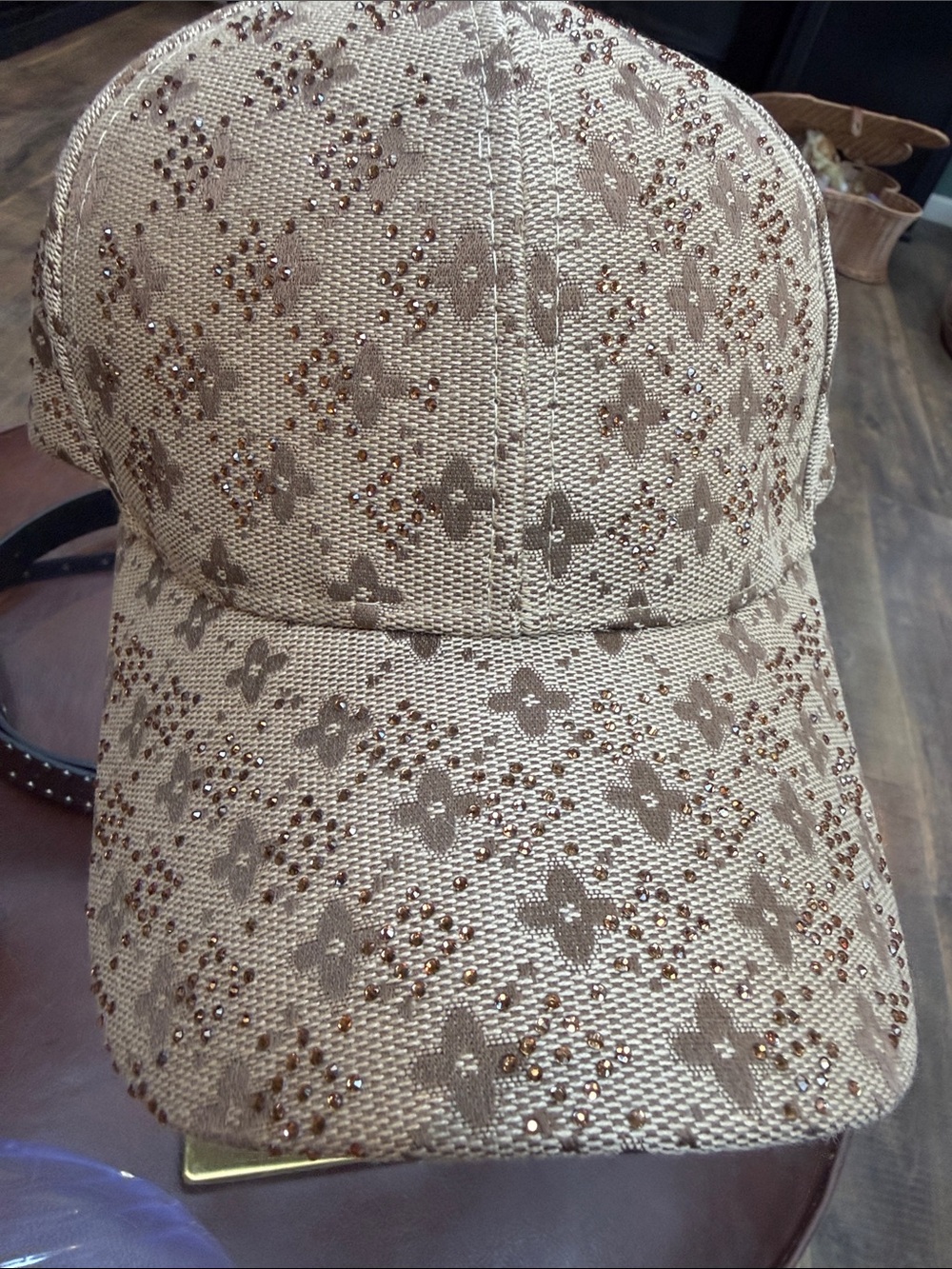 Embellished Beige Floral Pattern Baseball Cap